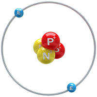diagram of an atom showing the electrons and a nucleus made of protons and neutrons