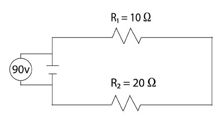 two resistors in a series circuit with a bettery