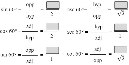 sin 60 degrees = opp over hyp = blank over 2, cos 60 degrees = adj over hyp = blank over 2, tan 60 degrees = opp over adj = blank over 1, csc 60 degrees = hyp over opp = blank over square root of 3, sec 60 degrees = hyp over adj = blank over 1, cot 60 degrees = adj over opp = blank over square root of 3