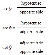 csc theta equals hypotenuse over opposite side, sec theta equals hypotenuse over adjacent side, cot theta equals adjacent side over opposite side