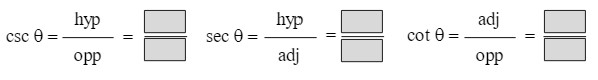 trig function csc theta = opp over hyp = blank over blank, trig function sec theta = adj over hyp = blank over blank, trig function cot theta = opp over adj = blank over blank