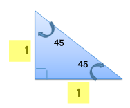 Right triangle with adjacent side equals 1, opposite side equals 1, and the hypotenuse. Right angle between opposite side and adjacent side, with both acute angles being 45 degrees. 