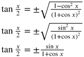 3 lines Line 1: the tangent of x over 2 equals plus or minus the square root of the fraction with numerator 1 minus cosine squared x and denominator open paren 1 plus cosine x close paren squared Line 2: the tangent of x over 2 equals plus or minus the square root of the fraction with numerator sine squared x and denominator open paren 1 plus cosine x close paren squared Line 3: the tangent of x over 2 equals plus or minus the fraction with numerator sine x and denominator 1 plus cosine x