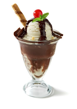 "Image of a delicious desert with ice cream covered with chocolate and a cherry"