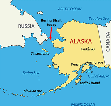 Map of the Bering Strait between Alaska and Russia between the Pacific and Artic Oceans