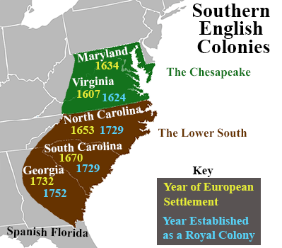 map of the Southern Colonies, their years of settlements, and the year when established as a royal colony. Maryland year of European settlement 1634. Virginia year of European settlement 1607 and year established as a royal colony 1624. North Carolina year of European settlement 1653 and year established as a royal colony 1729. South Carolina year of European settlement 1670 and year established as a royal colony 1729. Georgia year of European settlement 1732 and year established as a royal colony 1752.