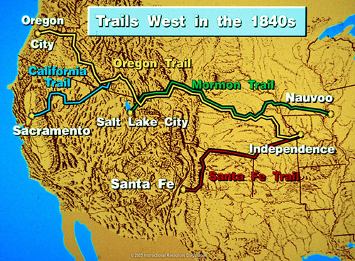 map of westward trails in the 1840s