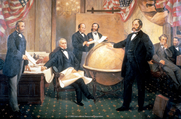 Several men around a globe. They are reviewing paperwork related to the purchase of Alaska