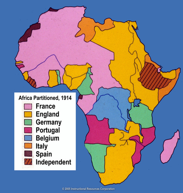 A map of Africa partitioned among European countries, 1914