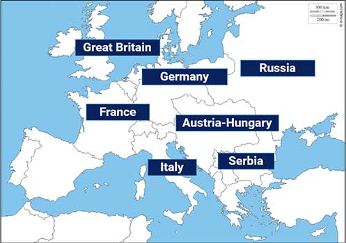 map of Europe with the countries of Great Britain, France, Germany, Italy, Austria-Hungary, Russia, and Serbia labeled