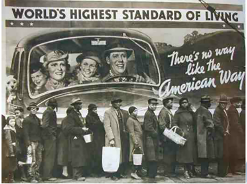 A line of disgruntled people in front of a large billboard. A caption on the billboard reads 'World's Highest Standard of Living' and shows a white family happily driving in a car