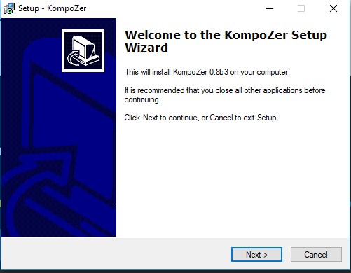 image of KompoZer setup dialog box