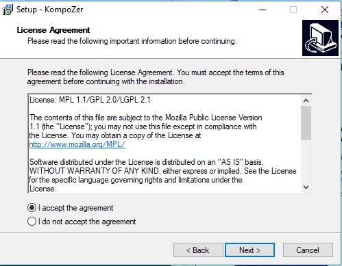 image of KompoZer license agreement dialog box