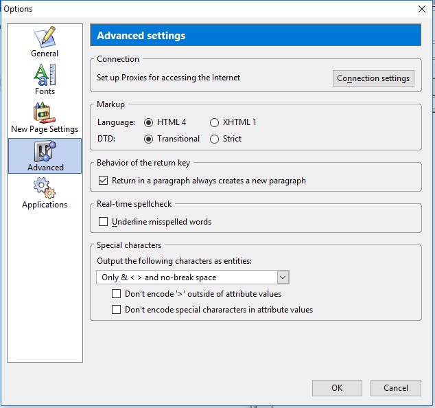 image of KompoZer settings dialog with language set to HTML 4 and DTD set to Transitional