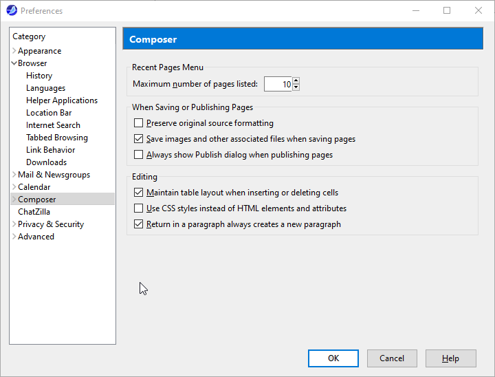 image of KompoZer settings dialog with language set to HTML 4 and DTD set to Transitional