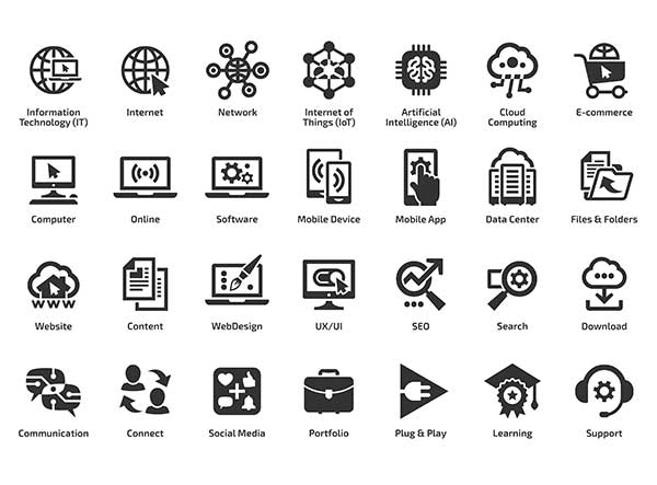 depicting different ways that computers and interent are used such as internet, network, learning, communication, cloud computing, and more