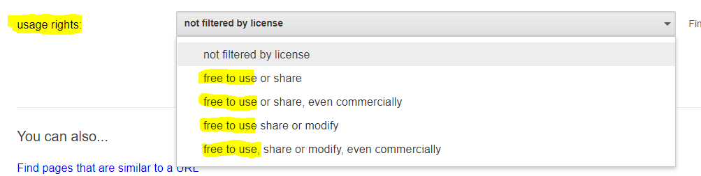 screen shot of google search page highlighting usage rights and free to use