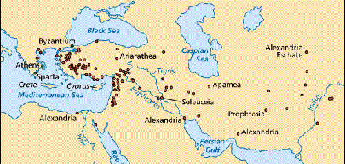map showing cities in Asia; cities include Alexandria, Alexandrie, Alexandria Eschate, and Ariarathea