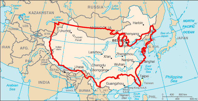 Map of China overlaid on the US