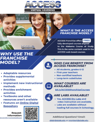 ACCESS Virtual Learning Franchise Model information with a QR code for requesting more information.